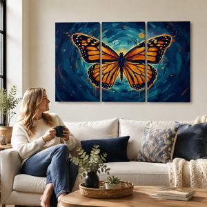 A woman sits on a white sofa in a living room, holding a mug and looking at a large three-panel canvas wall art piece featuring a bright orange monarch butterfly against a swirling blue background.