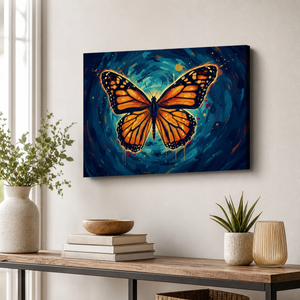 A rectangular wall art print showing a large orange butterfly over a swirling blue background, displayed above a console table with books, vases, and plants in a bright interior setting.
