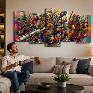 A man sits on a beige sofa in a living room, looking at a five-panel canvas wall art set depicting colorful abstract guitars and musical instruments. The artwork features a vibrant mix of red, blue, yellow, green, and purple paint strokes.