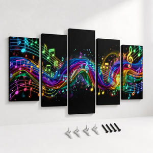 Five-panel black canvas wall art featuring vibrant neon musical notes and flowing rainbow lines, displayed on a white wall with mounting hardware below.