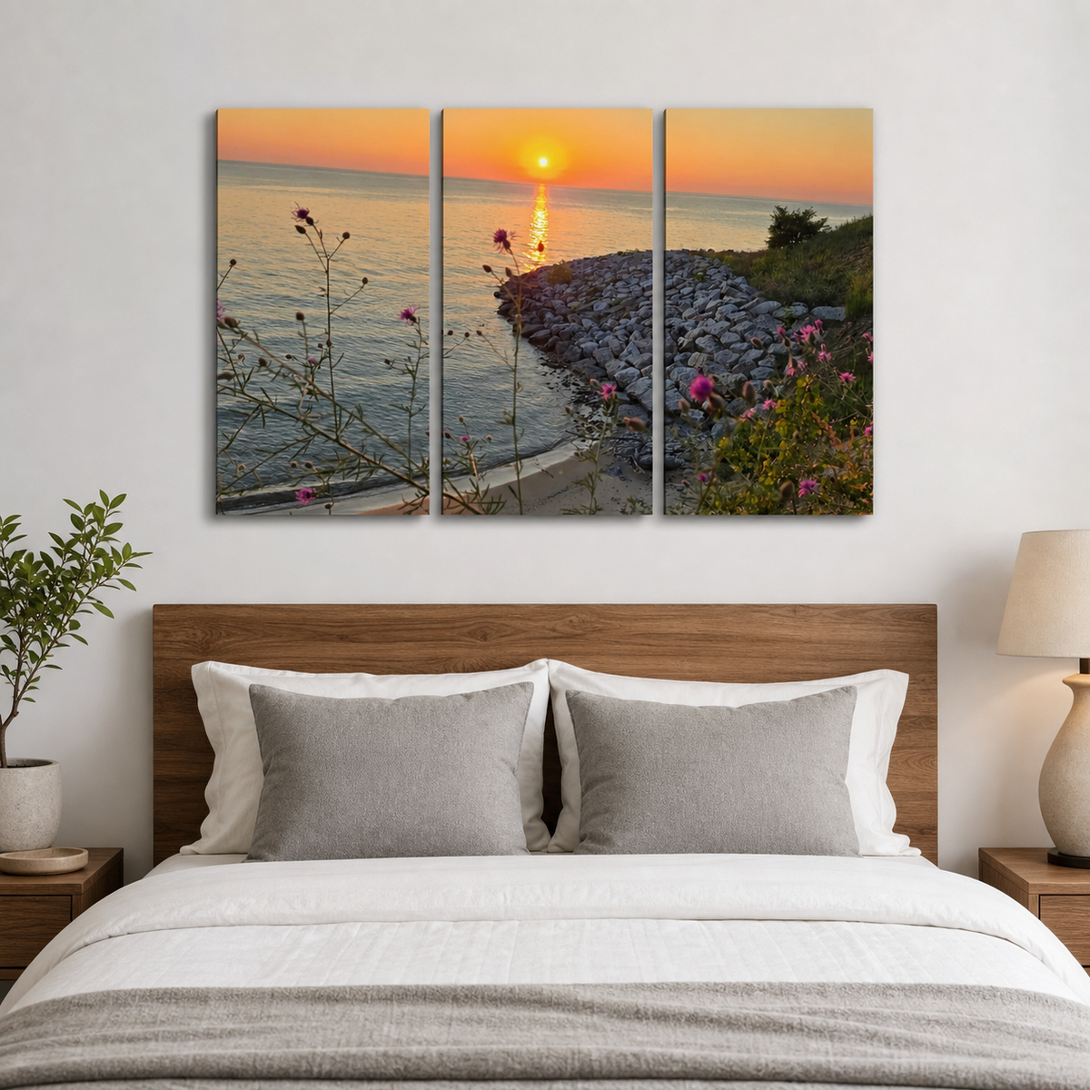 Lake Michigan Sunset Canvas Wall Art | 1, 3 & 5 Panel Coastal Landscape Print