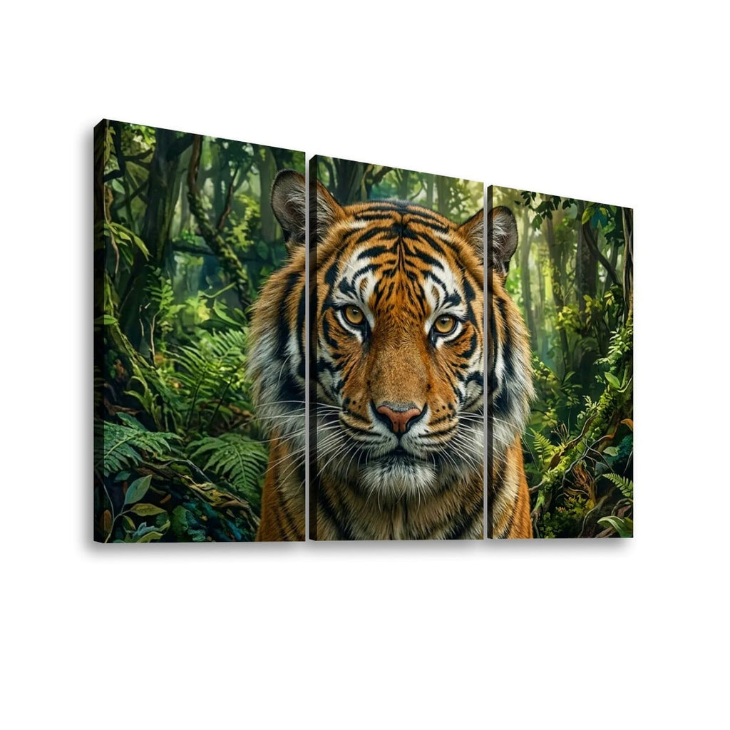 A three-panel canvas wall art set depicting a close-up tiger face in a lush green jungle, shown against a plain white background.