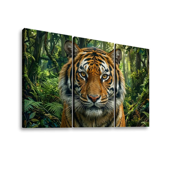 A three-panel canvas wall art set depicting a close-up tiger face in a lush green jungle, shown against a plain white background.