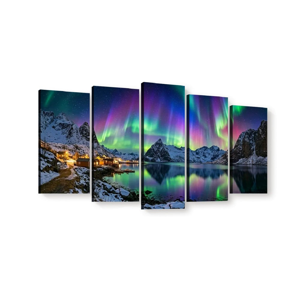 A five-panel canvas wall art set depicting a snowy mountain landscape at night with glowing northern lights over a reflective lake. The panels are arranged in a row against a plain white background.