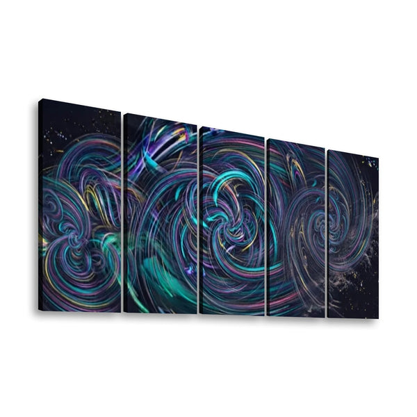 A five-panel canvas wall art set featuring an abstract cosmic swirl design with vibrant teal, purple, pink, and yellow light trails on a dark space-like background, shown against a plain white wall.