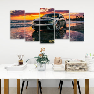 Dodge SRT Hellcat Charger – Beach Sunset 5-Panel Canvas Print