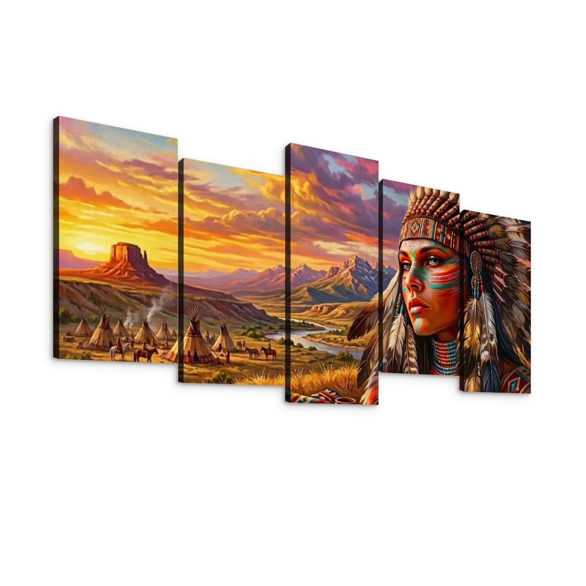 A five-panel canvas wall art set depicting a dramatic western landscape with a sunset over mesas and tipis, alongside a close-up portrait of an Indigenous woman wearing a feathered headdress. The panels are arranged in a staggered gallery-wall style against a plain white background.