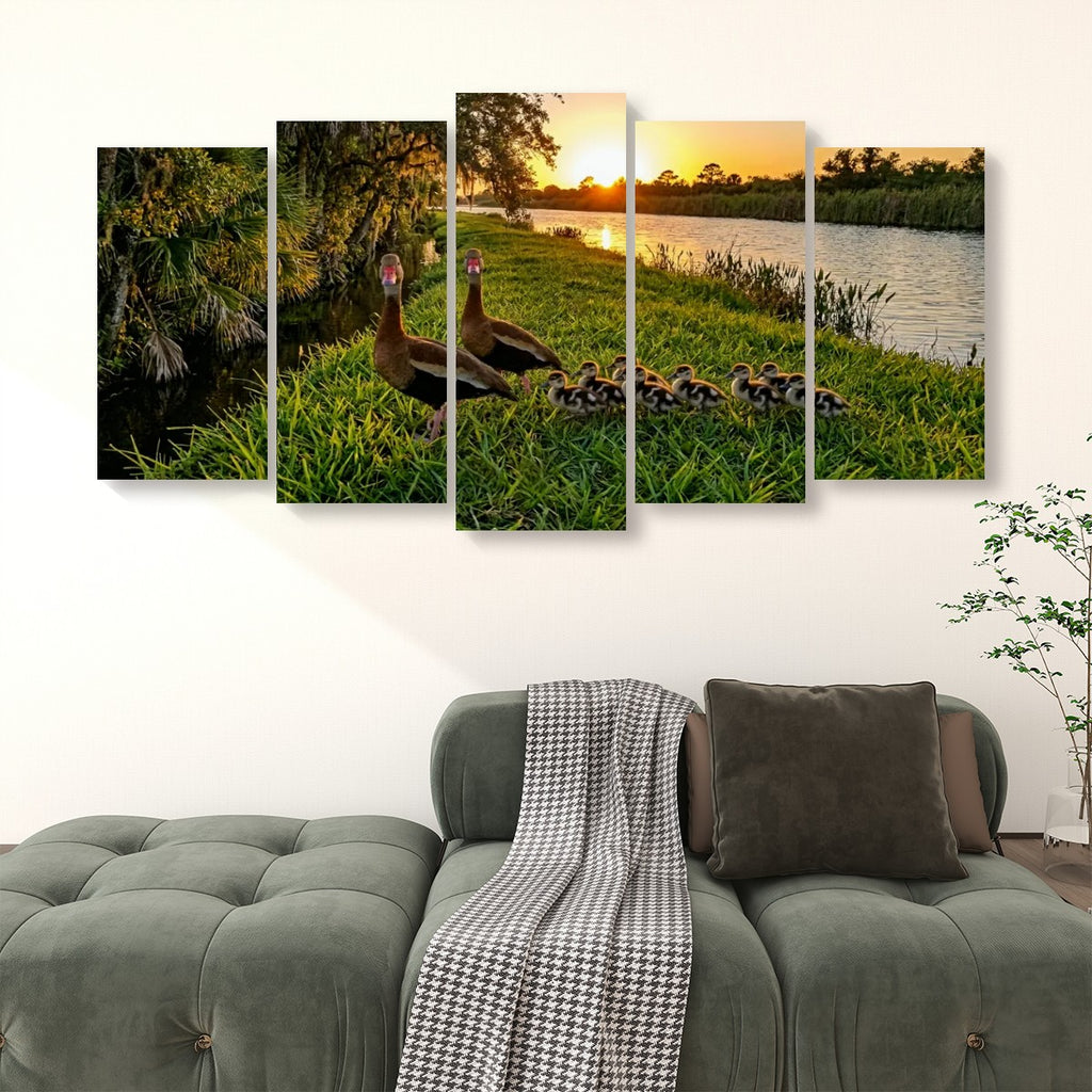 A five-panel canvas wall art set depicting a family of  Black-bellied Whistling-Ducks in a grassy marsh at sunset by the water, displayed above a green tufted sofa in a living room setting.