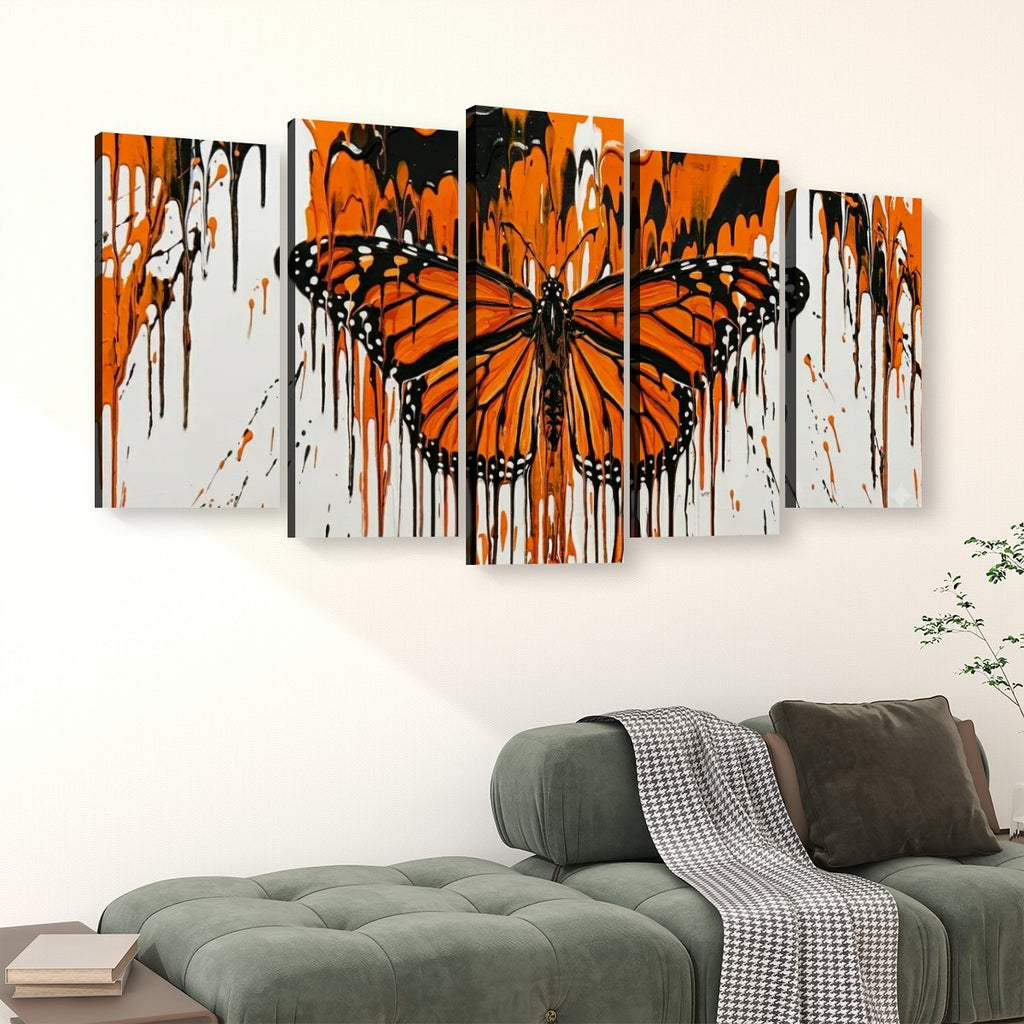 Monarch Butterfly Dripping Paint Canvas Wall Art – Reign of Color | 5-Panel Abstract Print