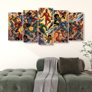 A 5-panel canvas wall art set depicting a dynamic group of superheroes, displayed on a white wall above a green tufted sofa with a throw blanket.