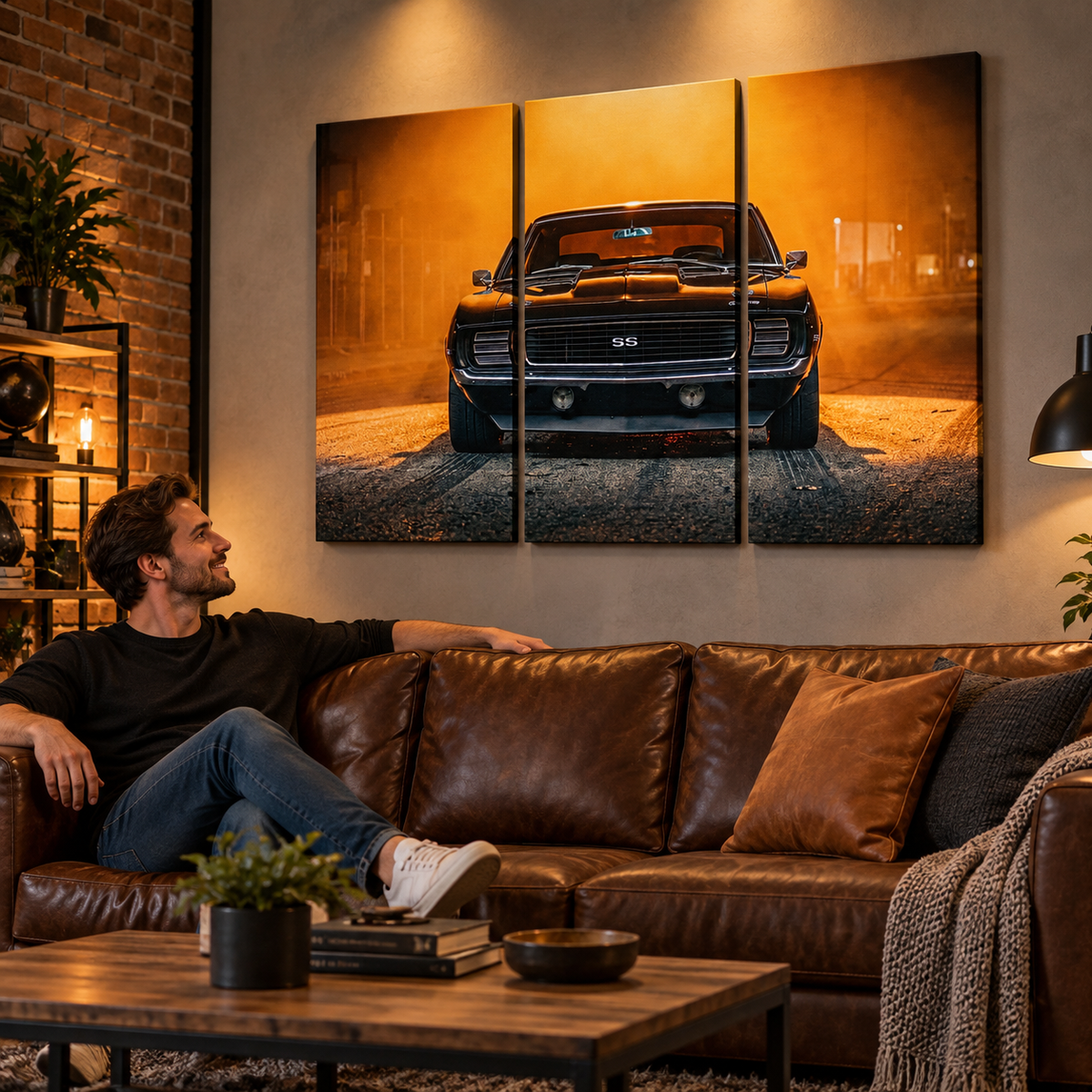 A man relaxes on a brown leather sofa in a modern living room, looking at a three-panel canvas wall art print depicting a black classic muscle car in a dusty, golden-lit street.