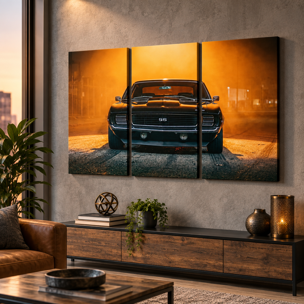 A three-panel canvas wall art print showing a black muscle car in a dramatic orange-lit scene, displayed above a dark wood console in a modern living room.