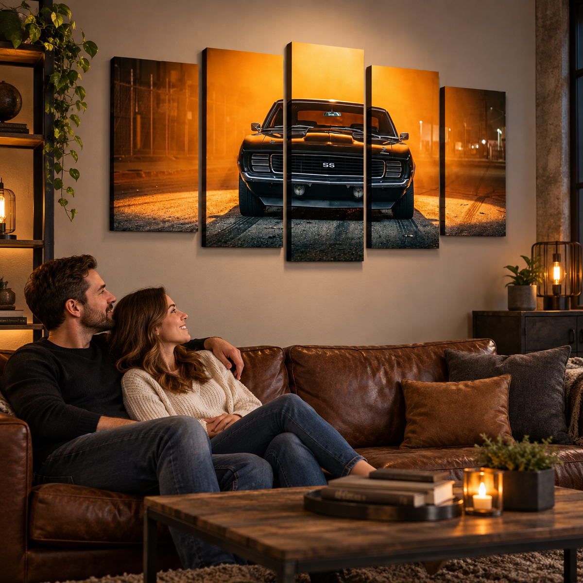 A couple sits on a brown leather sofa in a cozy living room, looking at a five-panel canvas wall art set depicting a black 1969 RS/SS Chevy Camaro muscle car on a glowing orange street at night.