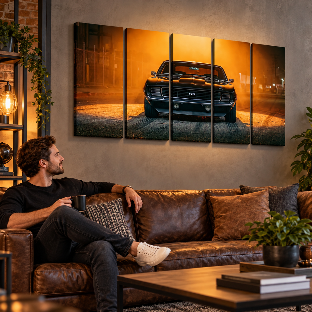 A man relaxes on a brown leather sofa in a modern living room, looking at a five-panel canvas wall art print depicting a black 1969 RS/SS Chevy Camaro muscle car on a golden street at night.