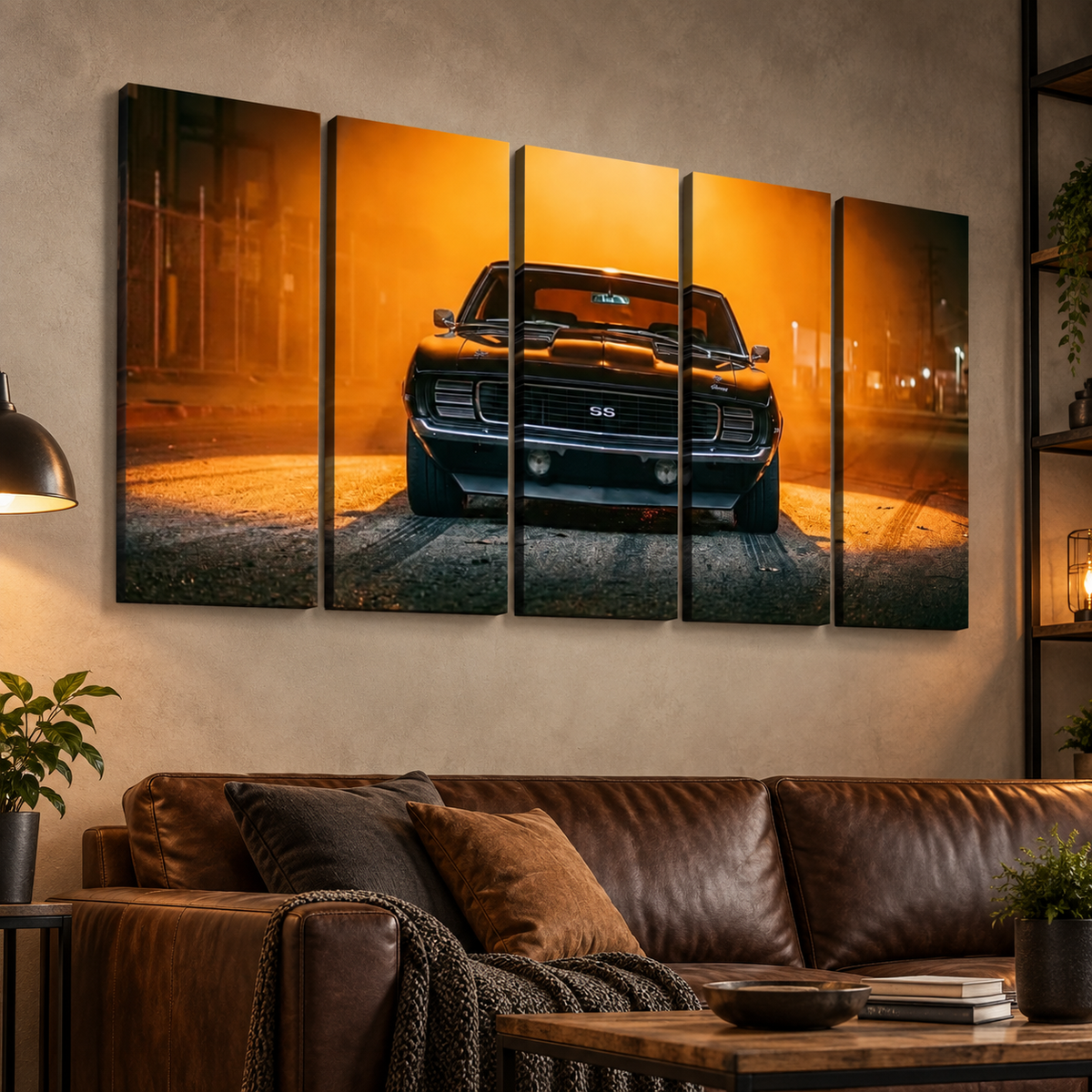 A five-panel canvas wall art set depicting a black muscle car in a smoky orange-lit street scene, displayed above a brown leather sofa in a modern living room setting.
