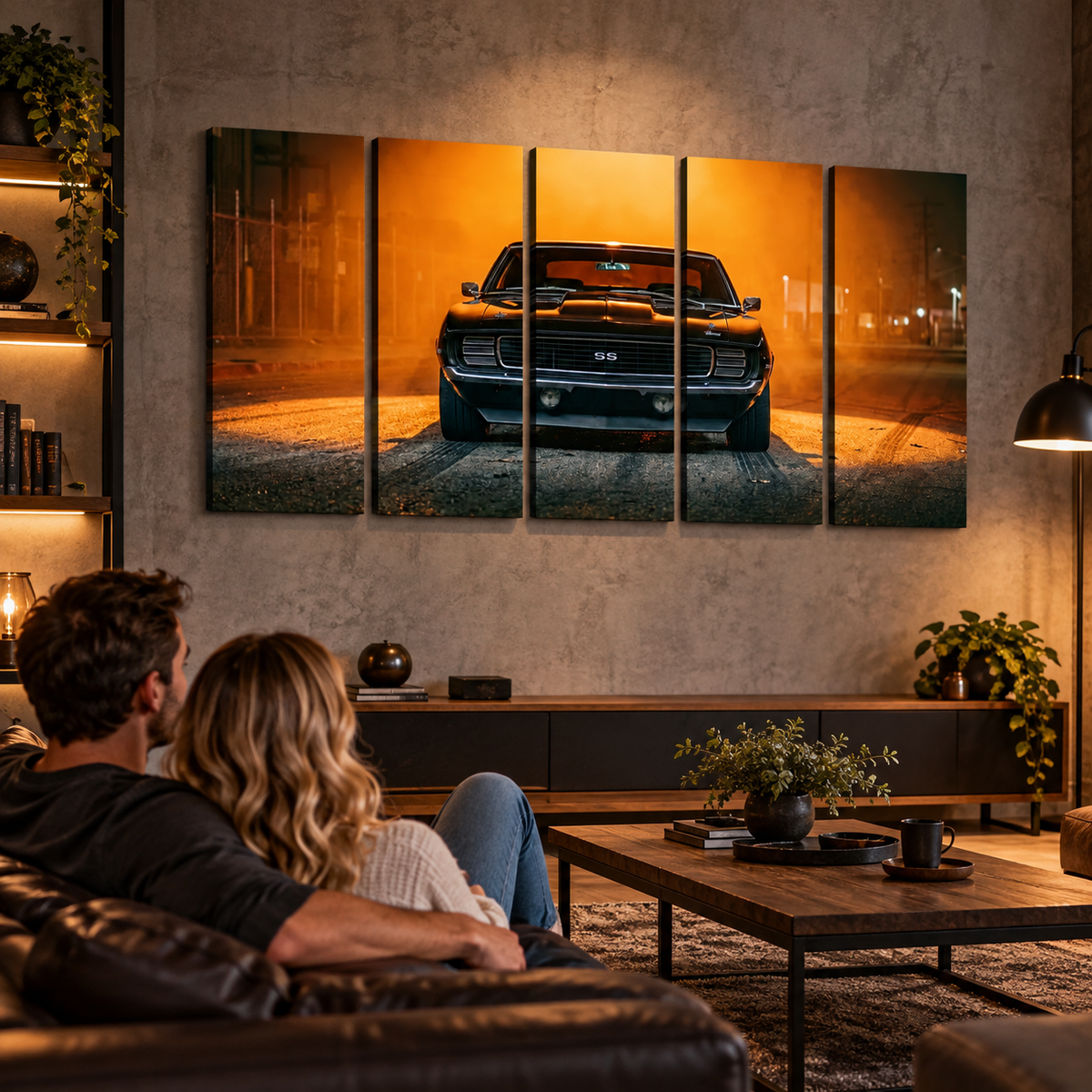 A four-panel canvas wall art set depicting a black 1969 RS/SS Chevy Camaro  muscle car on a road at night with a dramatic orange glow, displayed on a textured wall above a couch in a modern living room setting.