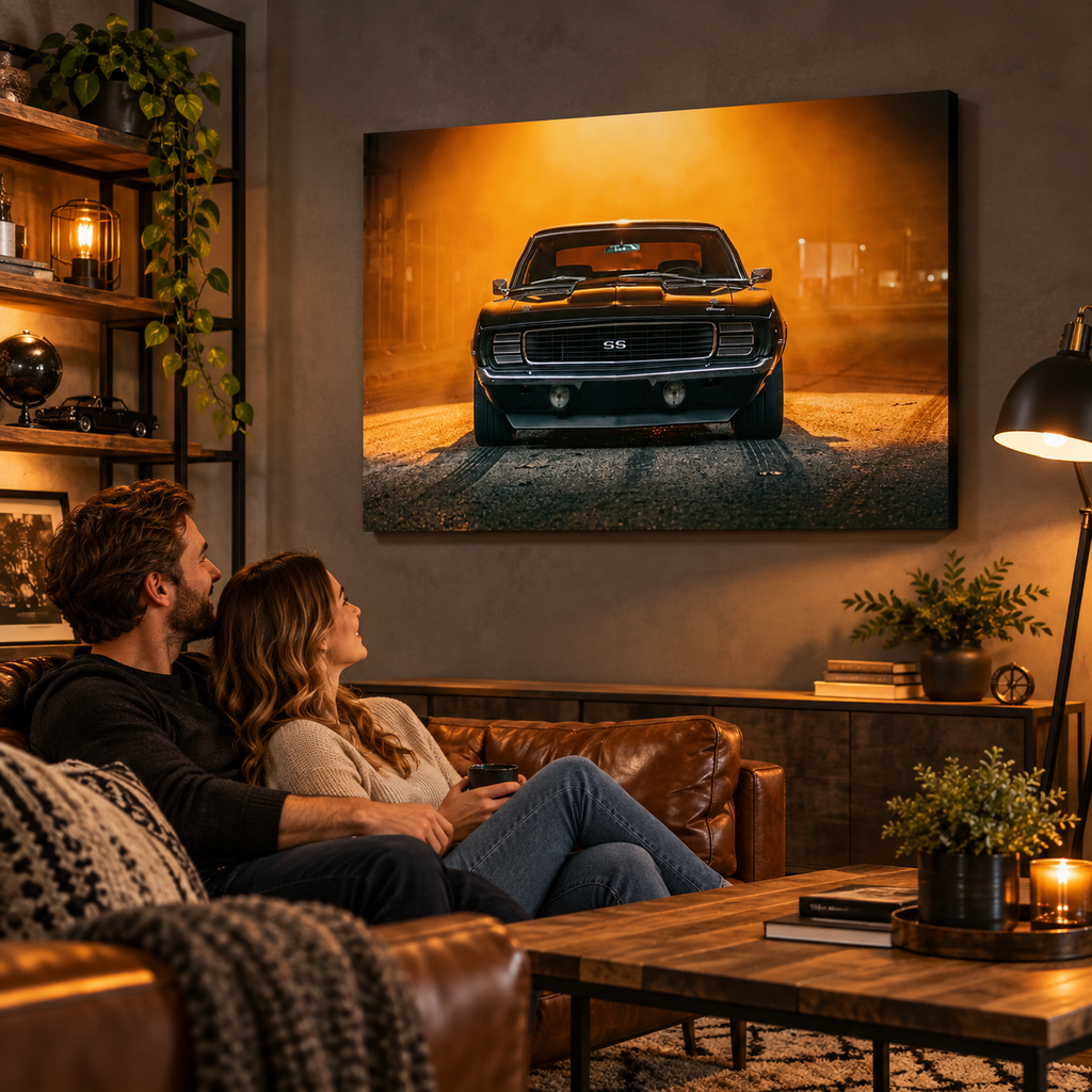 A couple sits on a leather couch in a cozy living room, watching a large wall art print of a black 1969 RS/SS Chevy Camaro classic muscle car on a foggy road. The room is warmly lit with a lamp, and the print is the main product being shown in a lifestyle setting.