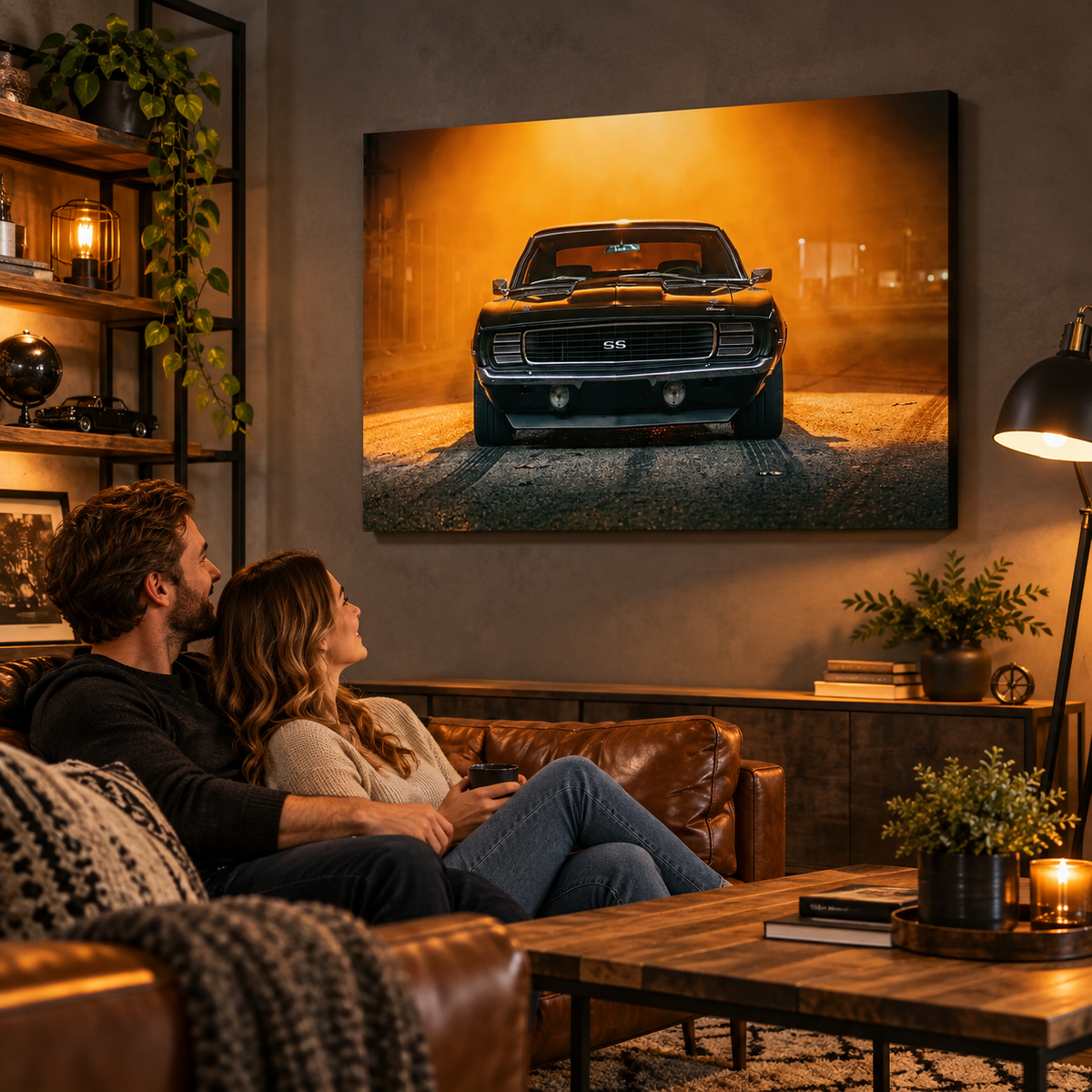 A couple sits on a leather couch in a cozy living room, watching a large wall art print of a black 1969 RS/SS Chevy Camaro classic muscle car on a foggy road. The room is warmly lit with a lamp, and the print is the main product being shown in a lifestyle setting.