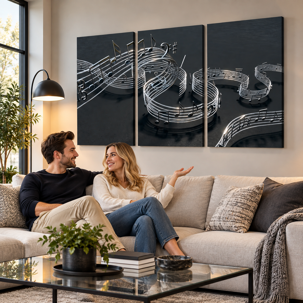 Chrome Musical Notes & Ribbon Split Canvas Panel Wall Art Decor