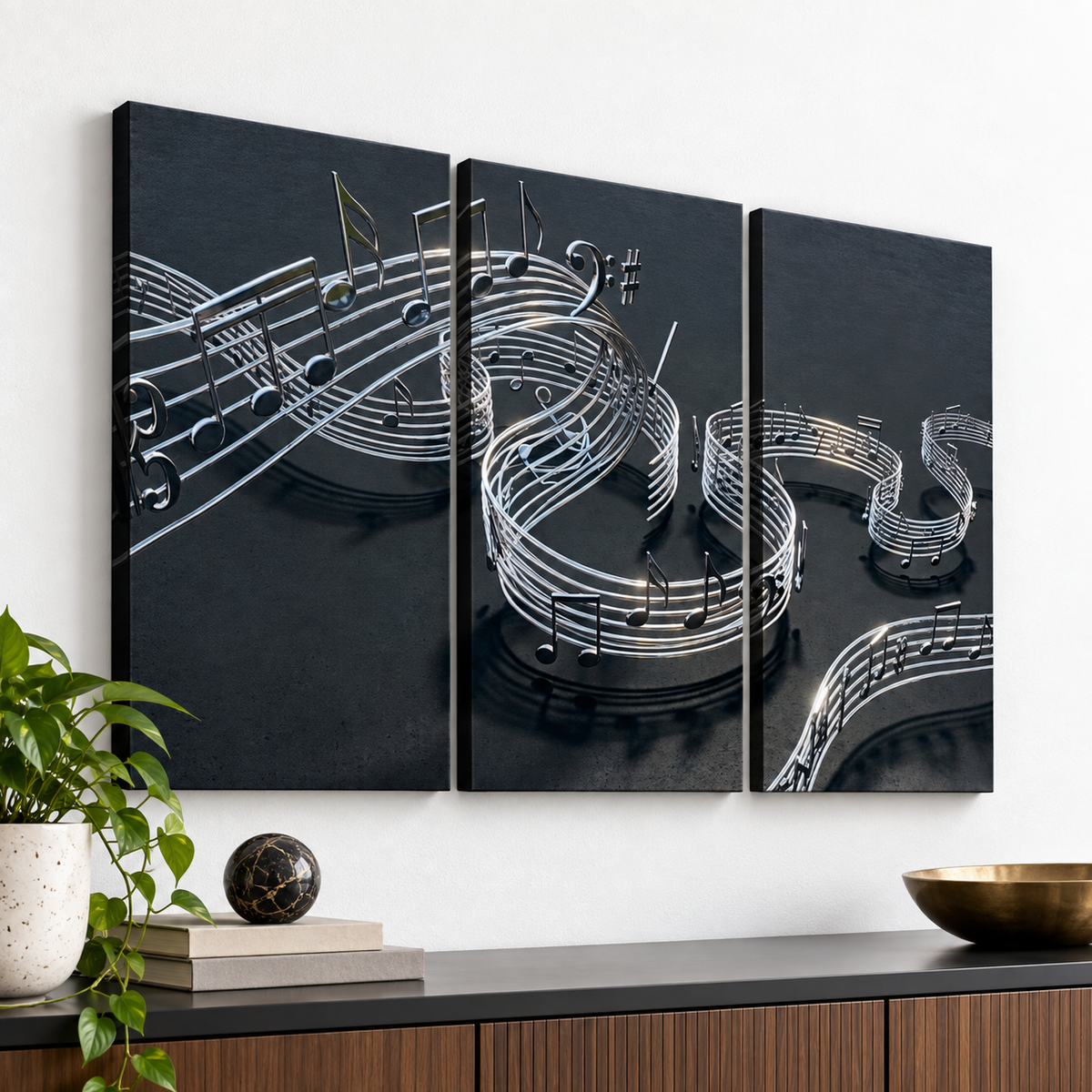 Chrome Musical Notes & Ribbon Split Canvas Panel Wall Art Decor