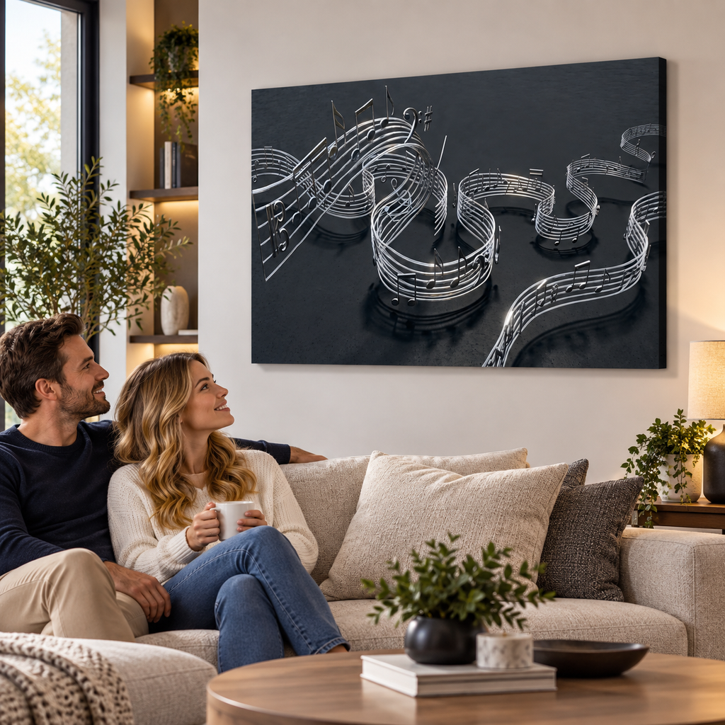 Chrome Musical Notes & Ribbon Split Canvas Panel Wall Art Decor