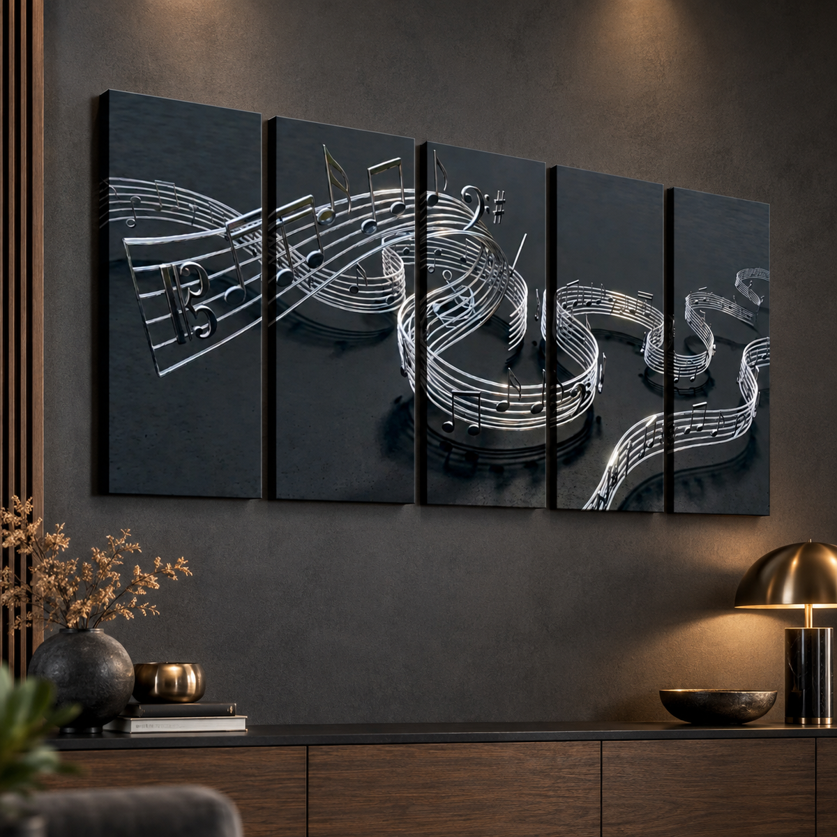 Chrome Musical Notes & Ribbon Split Canvas Panel Wall Art Decor