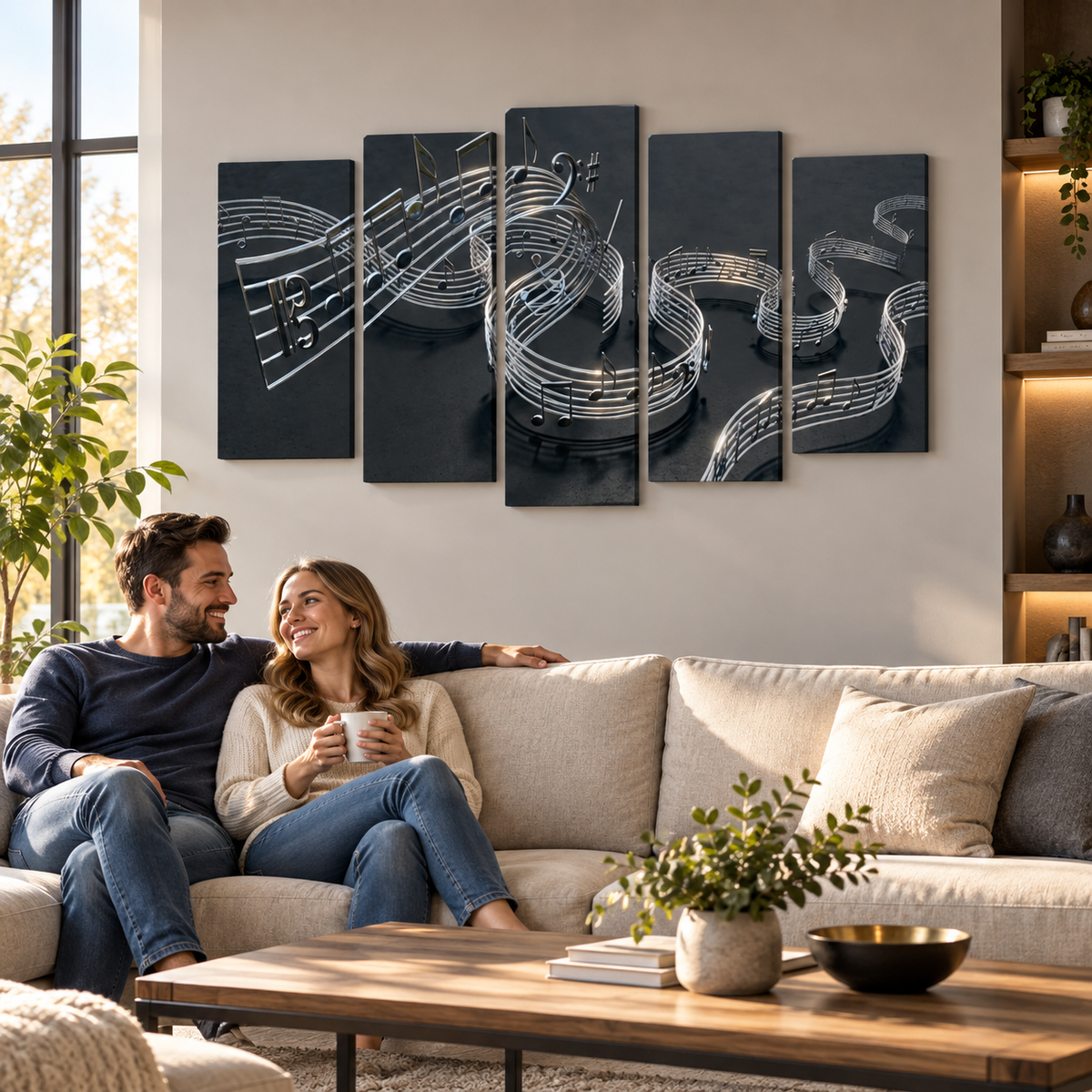 Chrome Musical Notes & Ribbon Split Canvas Panel Wall Art Decor