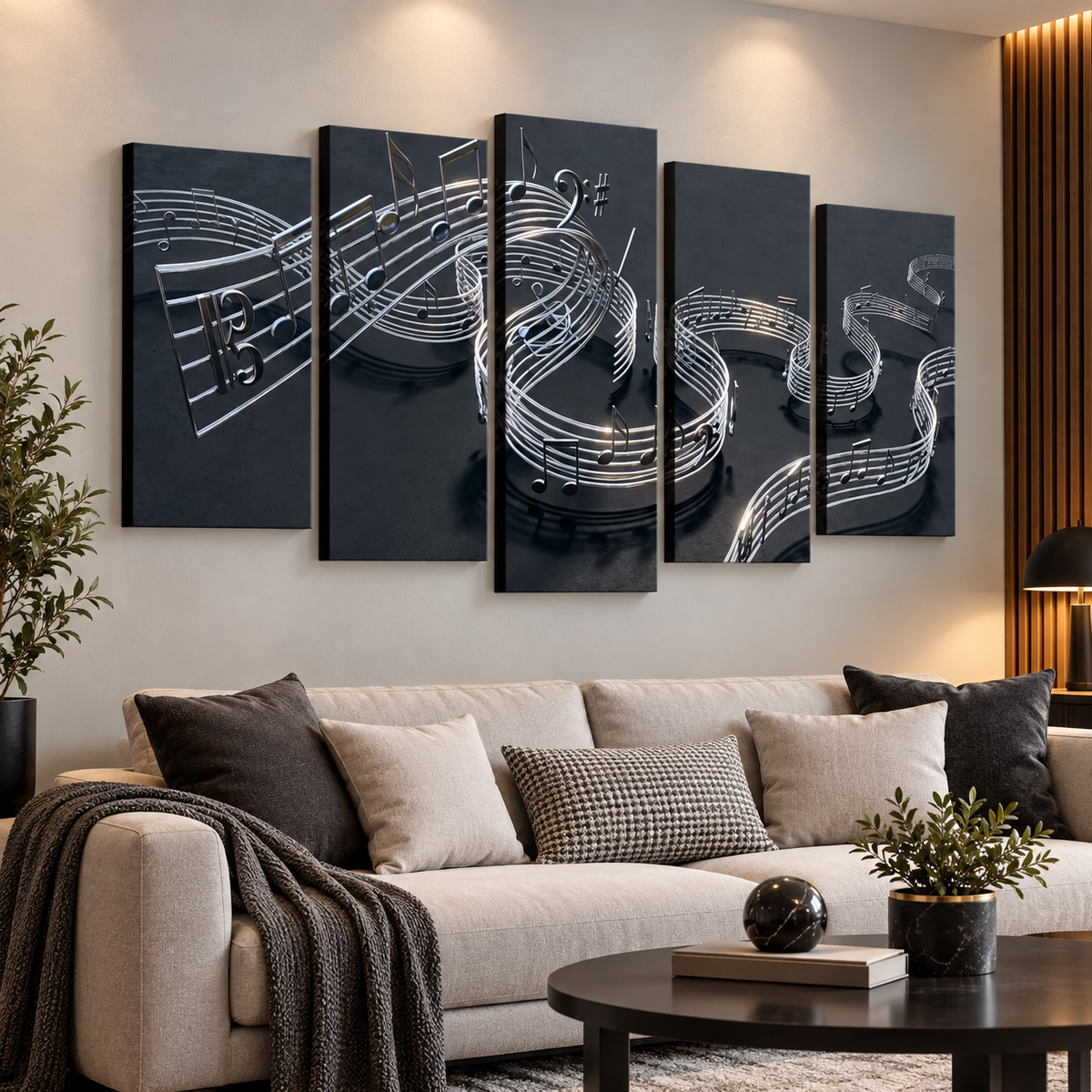 Chrome Musical Notes & Ribbon Split Canvas Panel Wall Art Decor