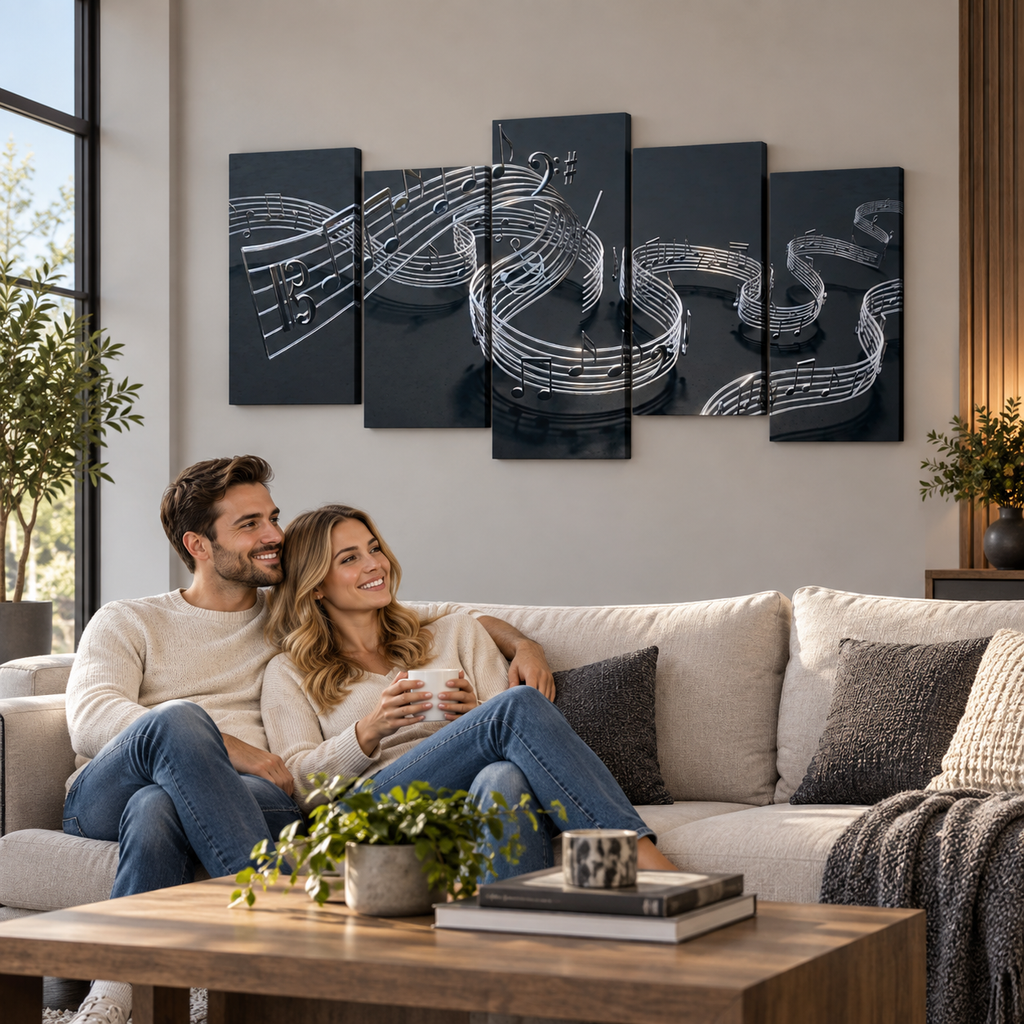 Chrome Musical Notes & Ribbon Split Canvas Panel Wall Art Decor