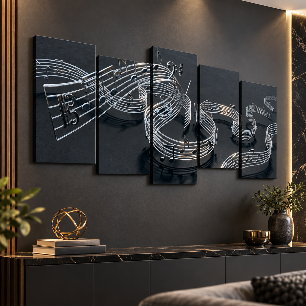 Chrome Musical Notes & Ribbon Split Canvas Panel Wall Art Decor