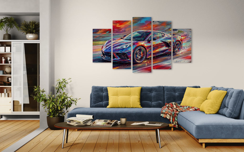 Modern living room with a blue sofa, yellow cushions, and a colorful car painting on the wall.