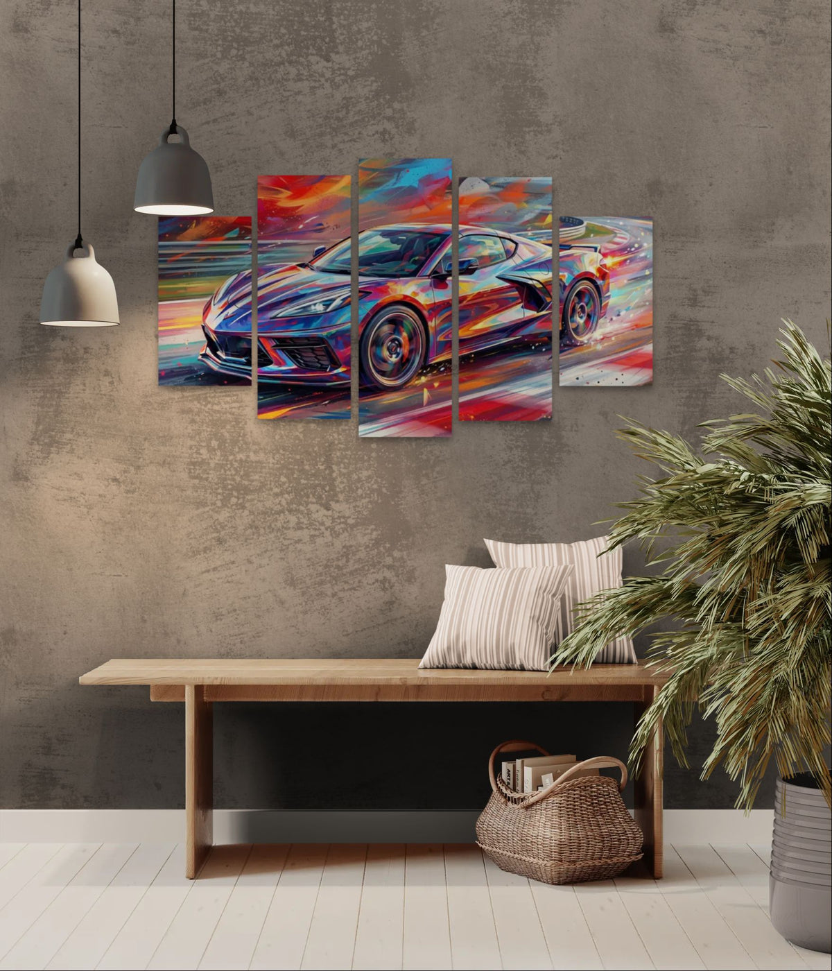 Colorful abstract Corvette painting on a wall above a wooden table.