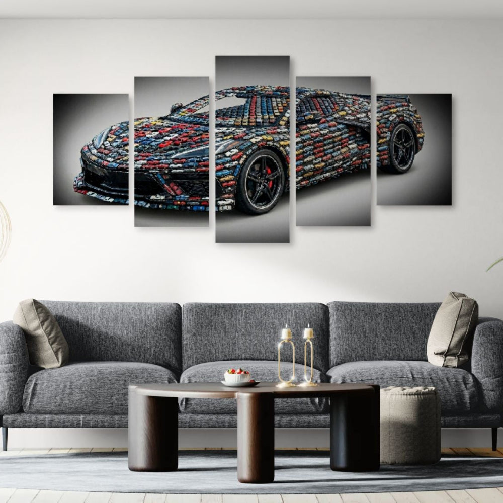 Living room with a gray sofa, coffee table, and decorative wall art of a colorful Corvette.