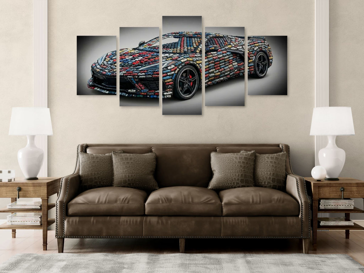 Five framed pictures of a colorful Corvette on a wall above a brown sofa.