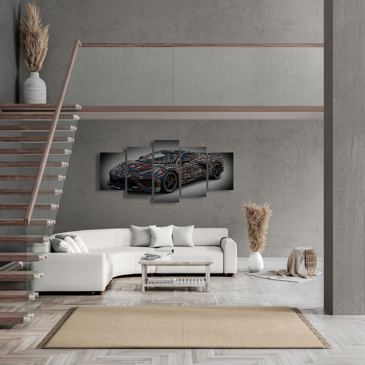 Modern living room with a white sofa, coffee table, and decorative elements. A large wall art piece of a Corvette is displayed on the wall.