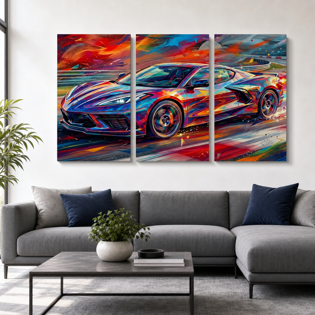 Abstract Corvette Canvas Wall Art – The American Icon | 3 & 5 Panel Garage Décor Print
