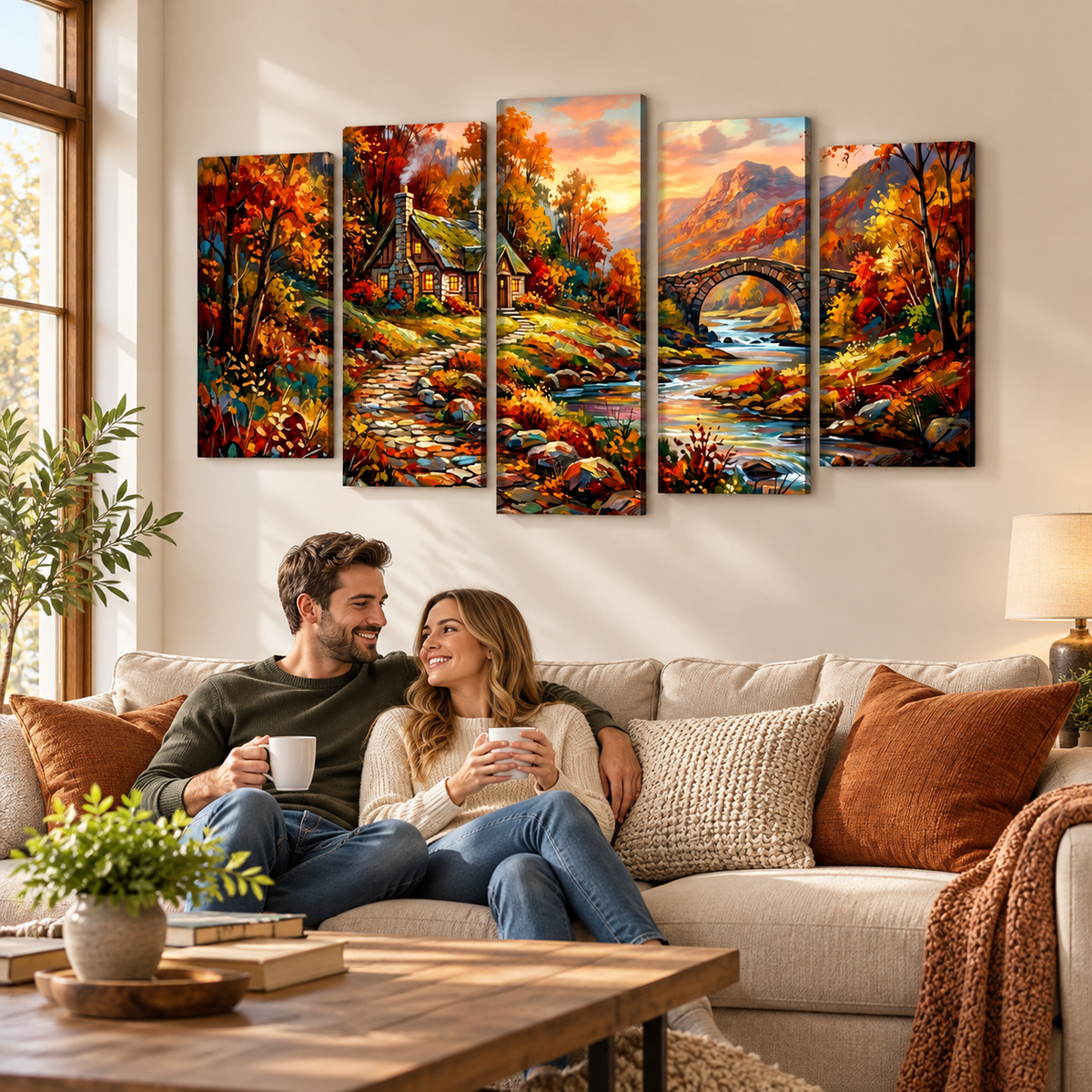 A couple sits on a beige sofa in a living room, holding mugs and looking at a five-panel canvas wall art set depicting a colorful autumn landscape with a cottage, stream, bridge, and mountains.