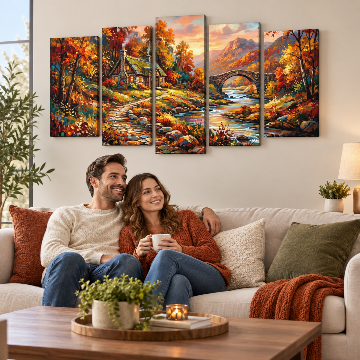 A five-panel canvas wall art set depicting a colorful autumn landscape with a stone bridge over a river, shown hanging above a couple sitting on a sofa in a living room.