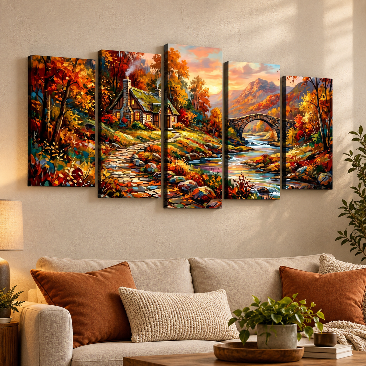 A five-panel canvas wall art set depicting a colorful autumn landscape with a cottage, bridge, river, and mountains, displayed above a beige sofa in a styled living room.