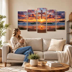 Cloud Cross at Sunset Canvas Wall Art – Divine Shores | 1, 3 & 5 Panel Christian Print