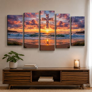 Cloud Cross at Sunset Canvas Wall Art – Divine Shores | 1, 3 & 5 Panel Christian Print