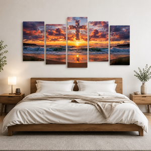 Cloud Cross at Sunset Canvas Wall Art – Divine Shores | 1, 3 & 5 Panel Christian Print