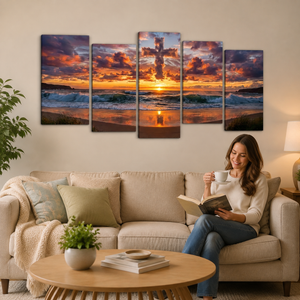 Cloud Cross at Sunset Canvas Wall Art – Divine Shores | 1, 3 & 5 Panel Christian Print