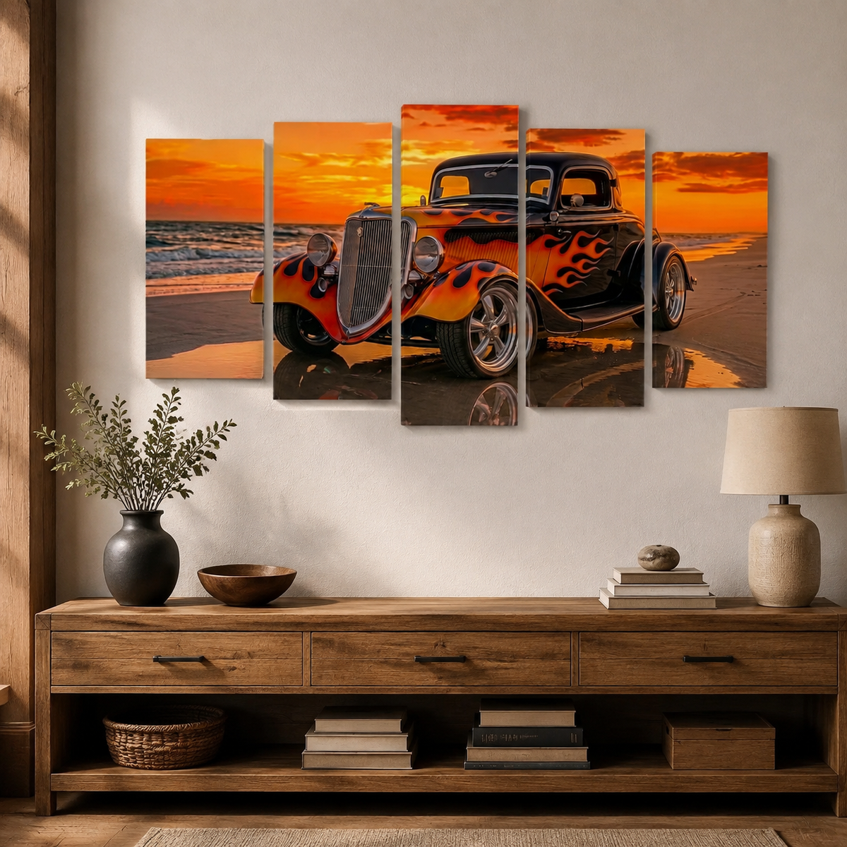 Black Ford Coupe with Flames Sunset Beach Canvas Wall Art