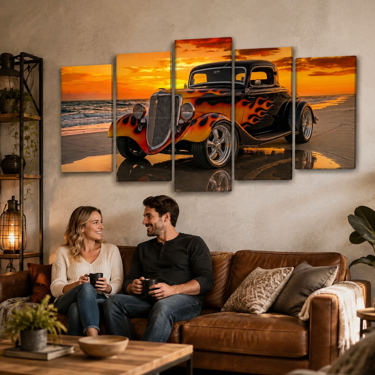 Black Ford Coupe with Flames Sunset Beach Canvas Wall Art