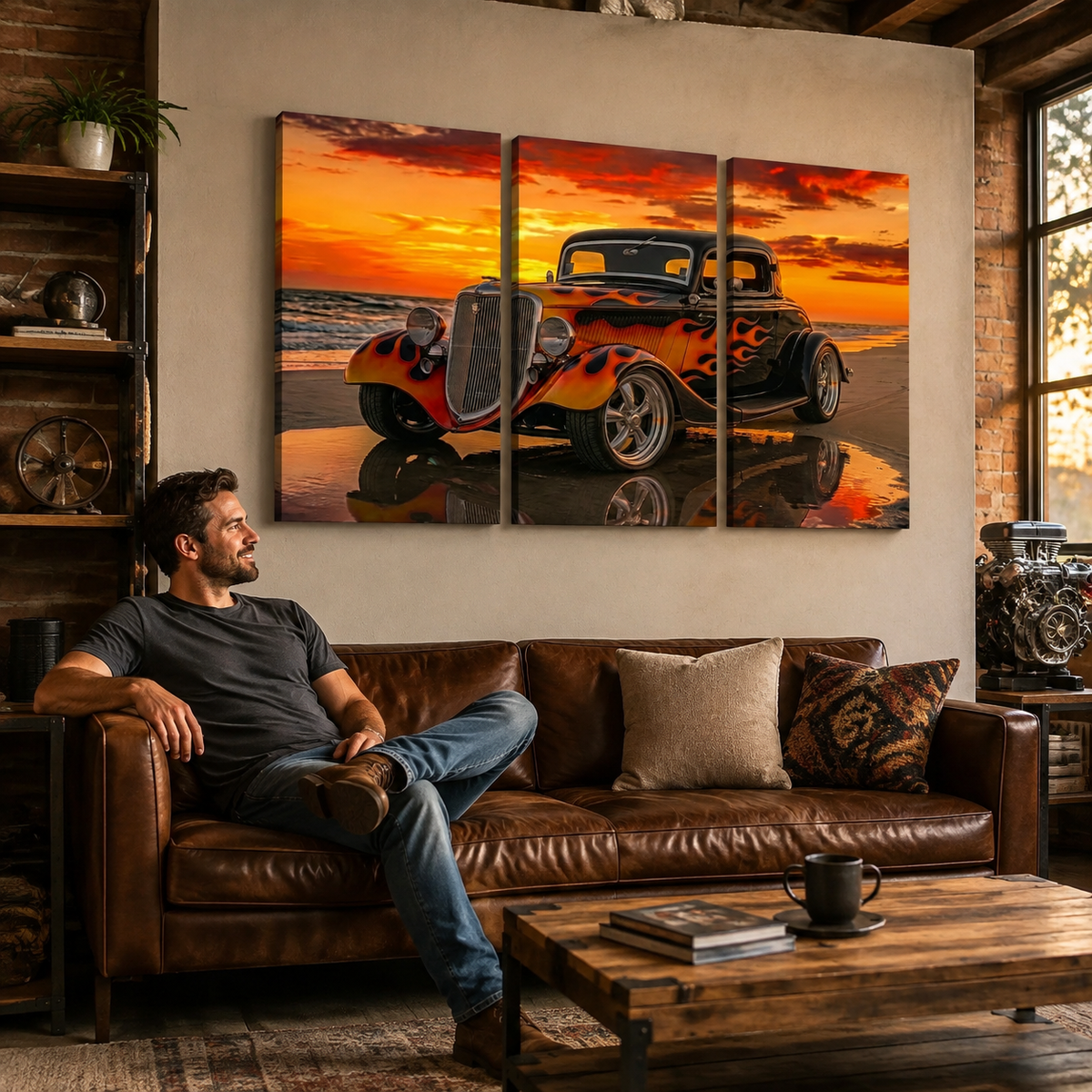 Black Ford Coupe with Flames Sunset Beach Canvas Wall Art