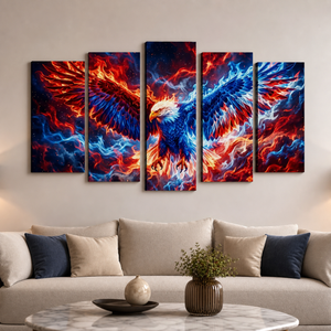 Inferno Eagle Canvas Wall Art – Patriotic Red White & Blue Fire | 5-Panel Level Patriotic Print