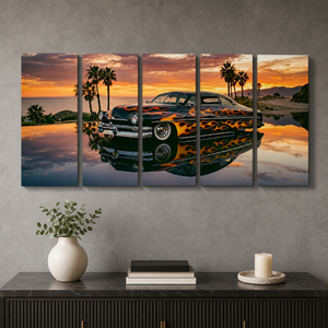 1951 Mercury Sled Canvas Wall Art – Slammed Black Flames Sunset Reflection | 5-Panel Classic Car Print