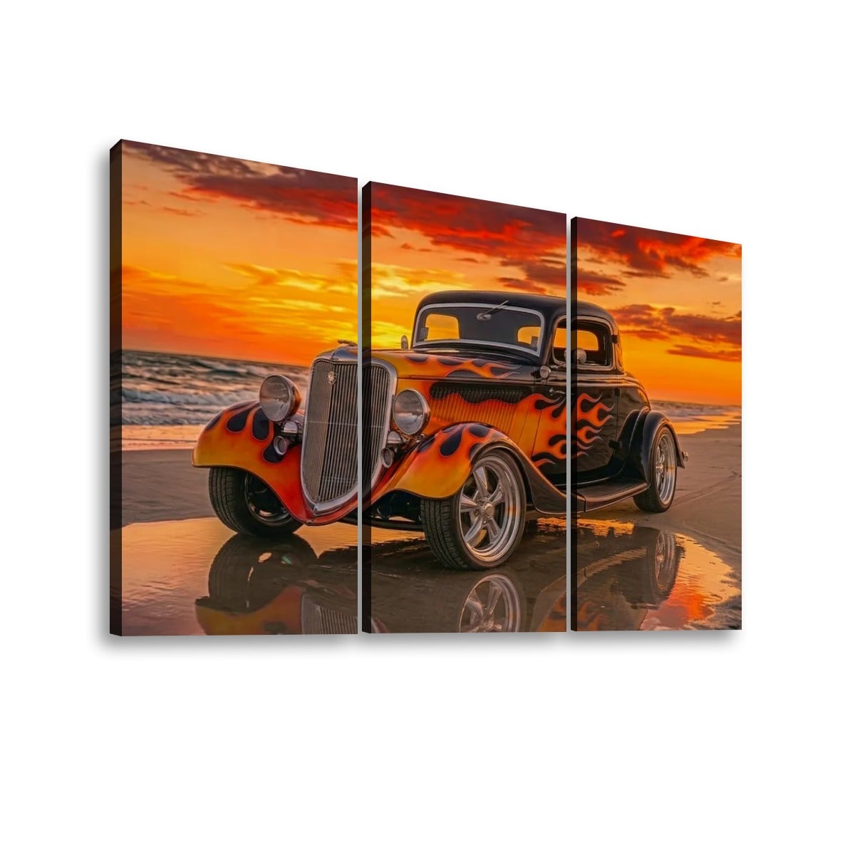 Black Ford Coupe with Flames Sunset Beach Canvas Wall Art
