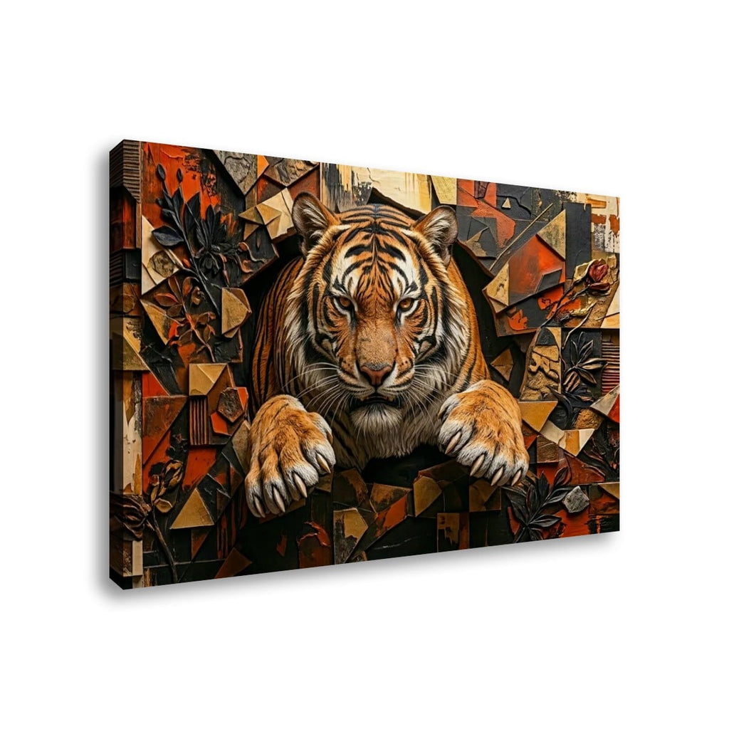 A rectangular wall art canvas featuring a stylized tiger emerging from a geometric, collage-like background in warm orange, brown, black, and beige tones, shown at a slight angle on a white background.